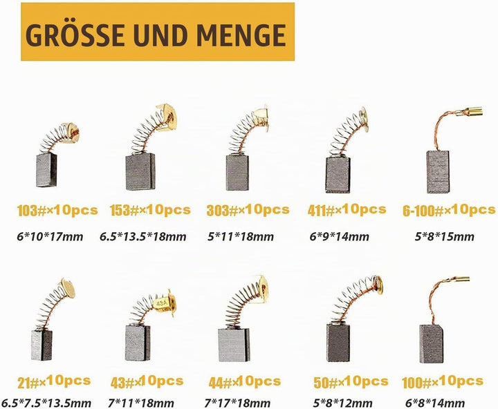 RUNCCI-YUN 100 Stück 10 Grössen Elektrowerkzeug Kohlebürsten Ersatz