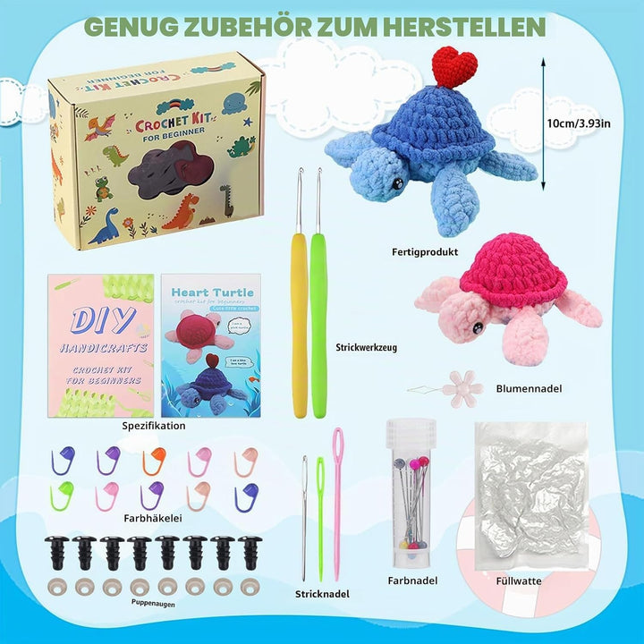 FYSL Häkelset Schildkröte mit Herz, Komplettes DIY Häkeln für Anfänger, Video-Tutorial einbeziehen,