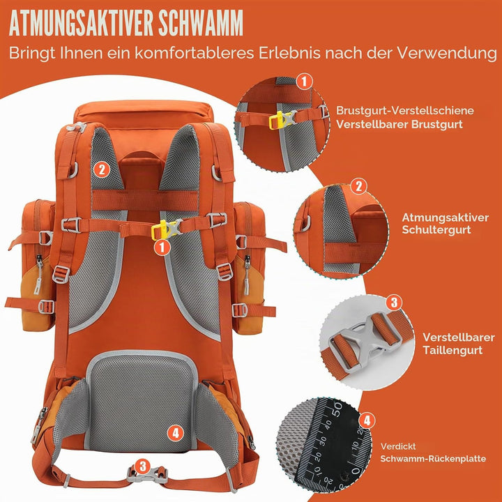 Bseash 70L (65+5) Wasserdichter Wanderrucksack mit Regenschutz, Outdoor-Sport, Reisen, Tagesrucksack