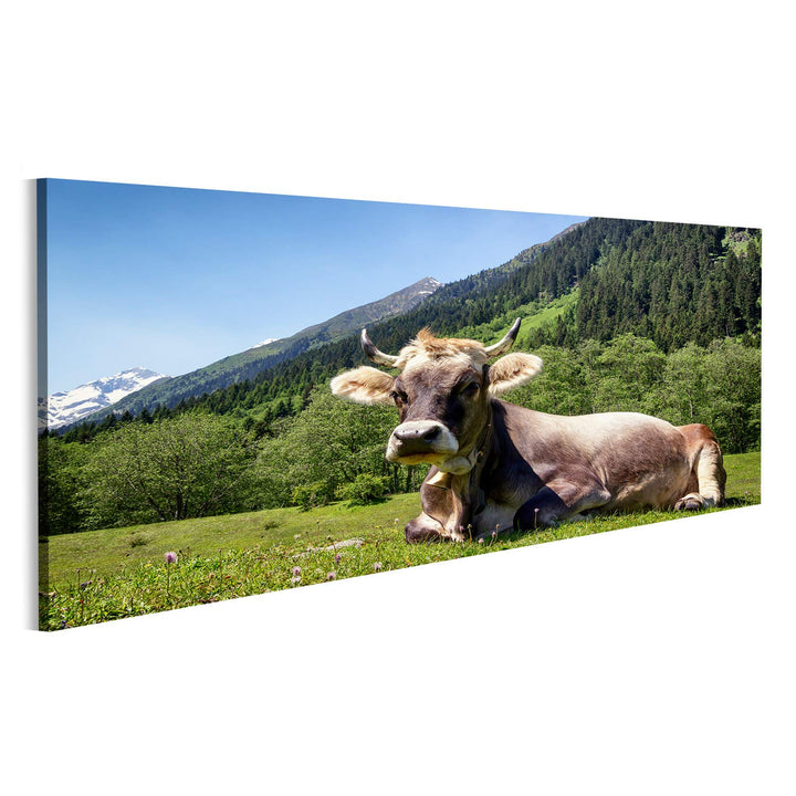 Bild auf Leinwand Kuh An Der Alpen Wandbild Poster Kunstdruck Bilder Format: 120x40cm - Panorama, Fo