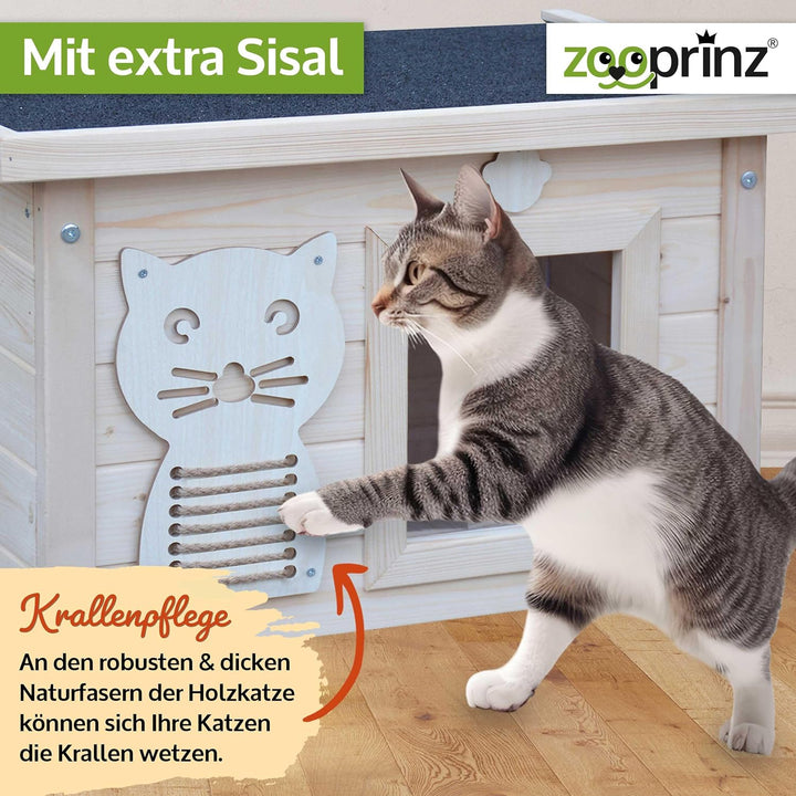 zooprinz Premium Holz Katzenhaus – Katzenkiste mit Dach zum Öffnen, Fenster und Schwingtür – Sisalba