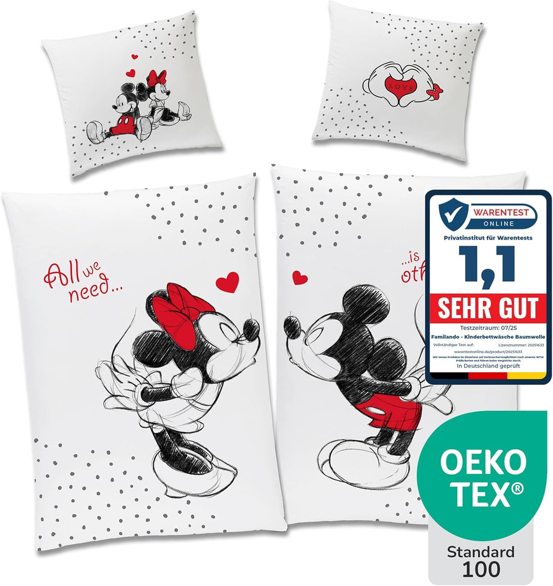 Wende-Bettwäsche Set Disney Classic Mickey und Minnie Mouse in Love 135x200 80x80 cm aus 100% Baumwo