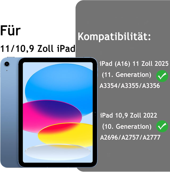 Hülle mit Tastatur für iPad A16 11/10 Generation (2025/2022, 11/10.9 Zoll) - QWERTZ Deutsches Layout