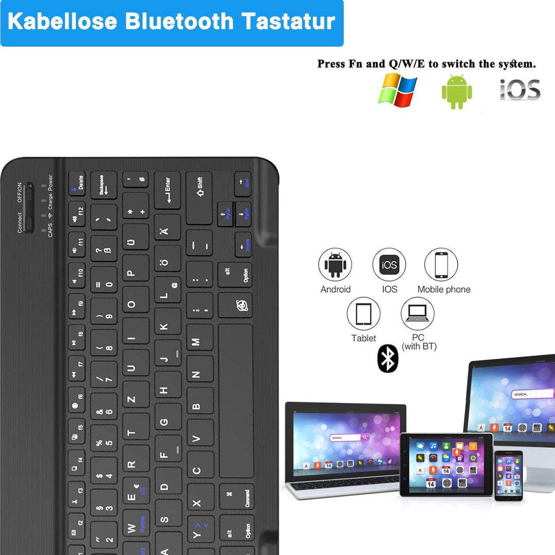 Kabellose Bluetooth Tastatur & Maus, Ultraflache drahtlose Tastatur (Deutsches QWERTZ-Layout) mit Ma