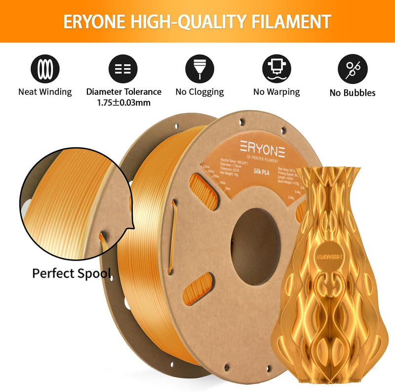 ERYONE Silk PLA Filament 1.75 mm, 3D-Drucker Filament PLA, 0,03 mm, 1 kg/Spule, Seide Golden Silk PL