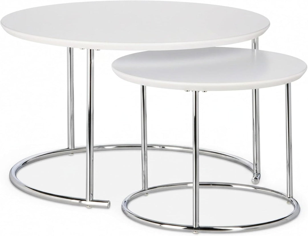Relaxdays rund, Kleiner Couchtisch matt, Satztisch Holz und Metall, verchromt Beistelltisch 2er Set,