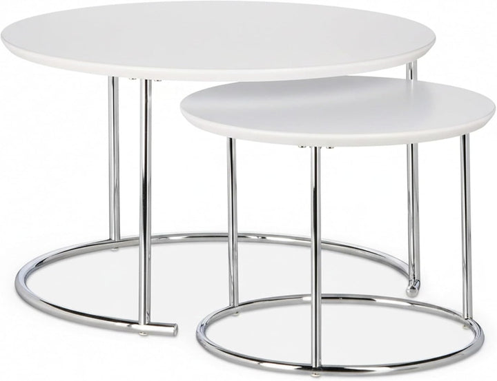 Relaxdays rund, Kleiner Couchtisch matt, Satztisch Holz und Metall, verchromt Beistelltisch 2er Set,