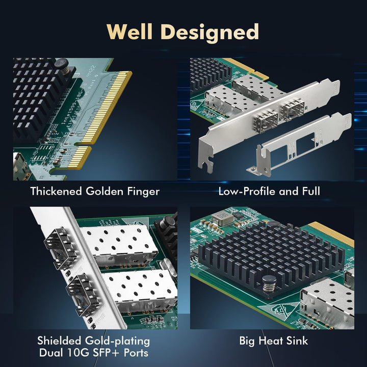 Binardat 2 Port 10G SFP+ PCIe Netzwerk Adapter, Intel X520 82599 LAN Controller, 10G/1G/100Mbps SFP+