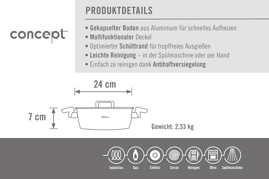 Woll Concept Bratentopf mit Deckel - Induktiv -, Ø 24 cm, 7 cm hoch, 3,6l - Geeignet für alle Herdar