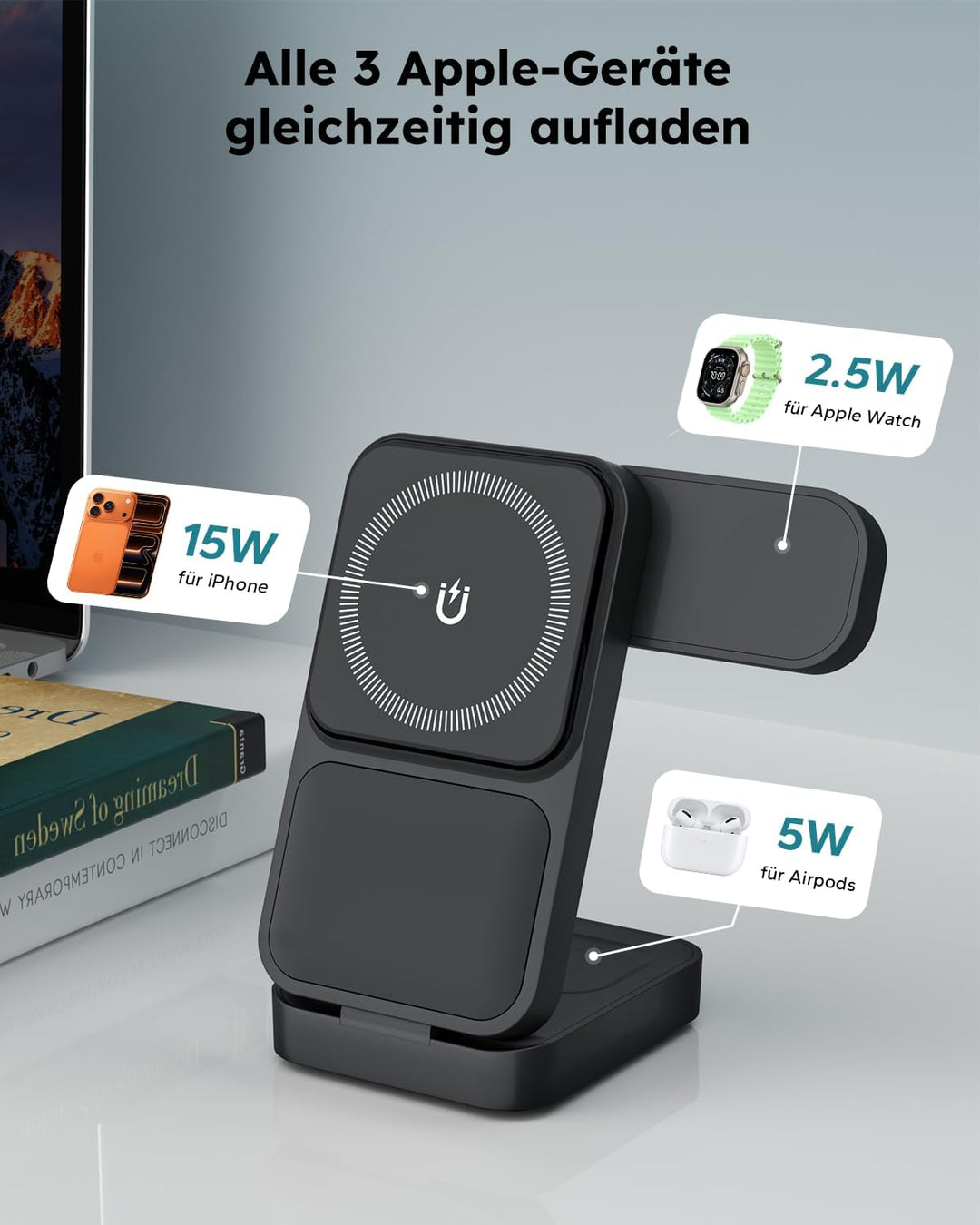 15W Magsafe Ladestation für Apple Watch und iPhone Faltbare mit Schnellladefunktion, 3 IN 1 Magsafe