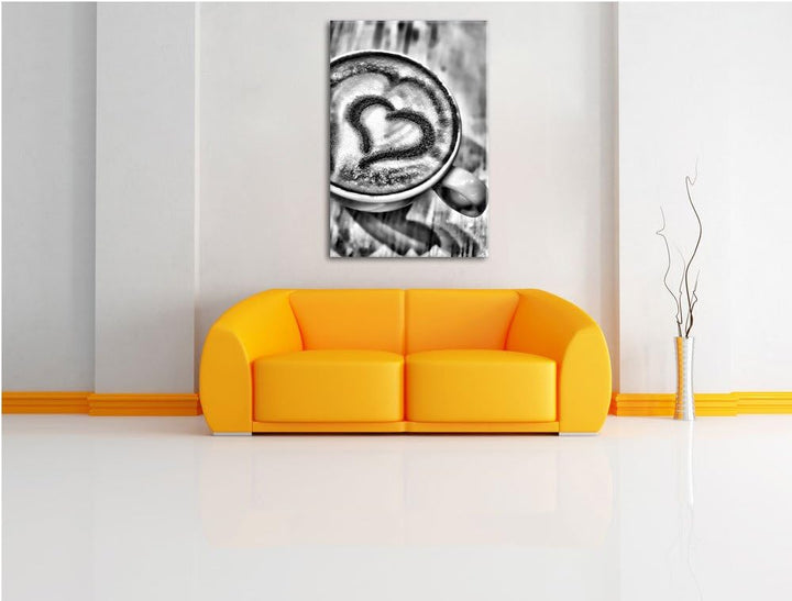 Pixxprint Monocrome, Kaffee Coffee Herz aus Schaum Cappucino, Format: 100x70 auf Leinwand, XXL riesi
