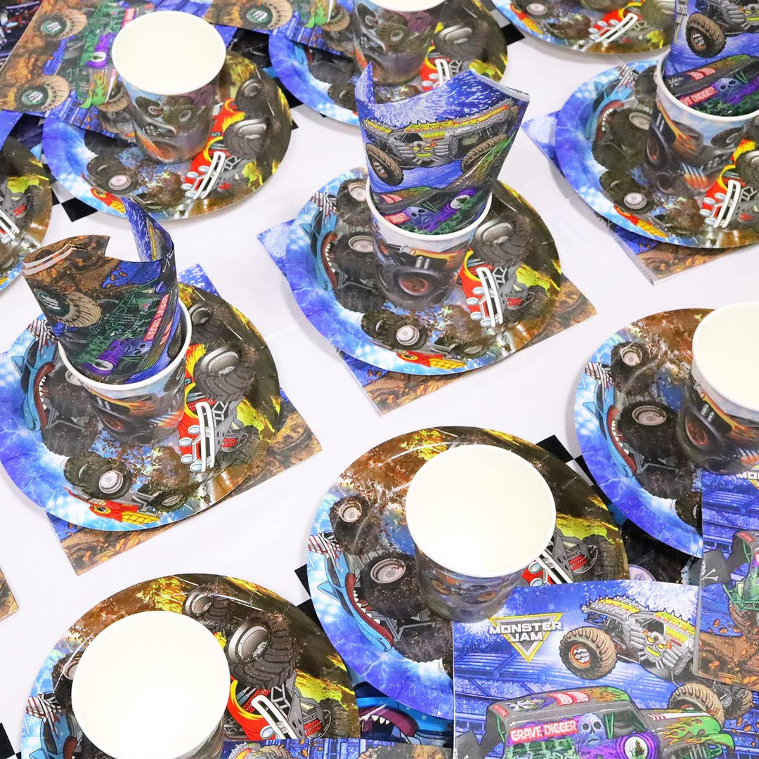 Monster Truck Geburtstag Geschirr Set, Auto Party Deko Set Einschliesslich 20 Teller, 20 Becher und