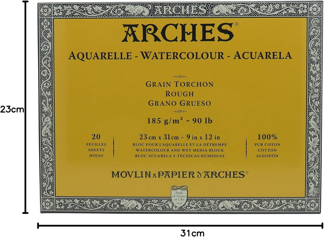 Arches 1795078 Aquarellpapier im Block (23 x 31 cm, 4-seitig geleimt, 185g/m² Grobkorn) 20 Blatt nat