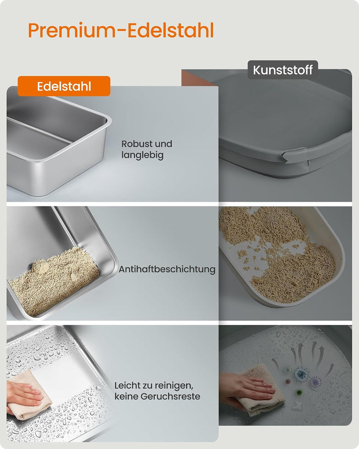 Feandrea Katzenklo Edelstahl, Katzentoilette mit Deckel, mit Schaufel, Katzenstreumatte und 2 Eingän