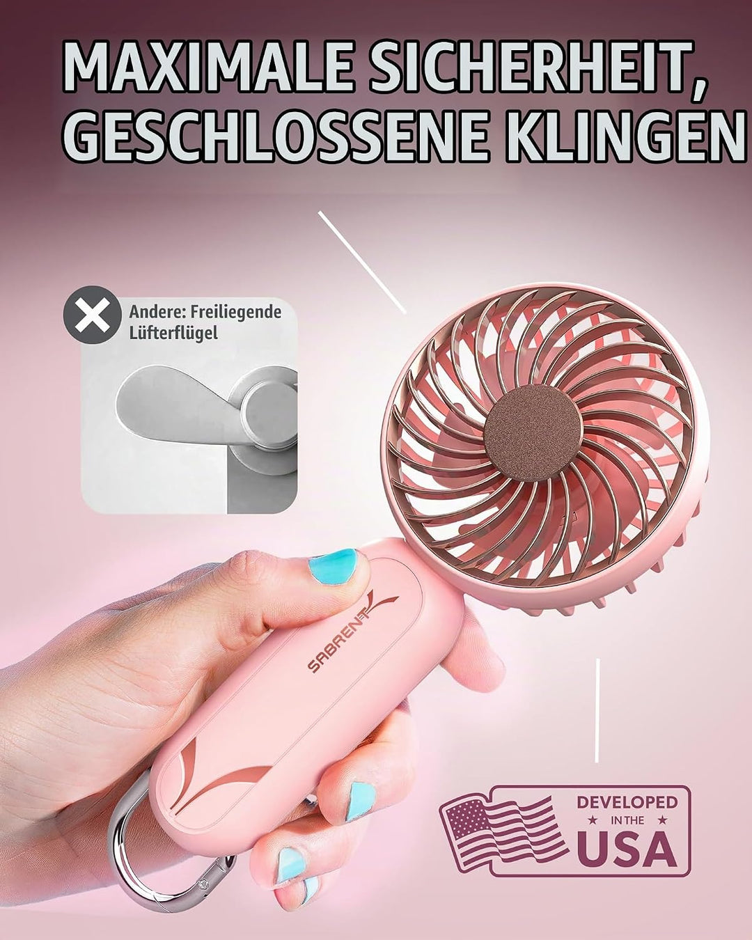 SABRENT Mini Ventilator Tragbar, Leiser USB-C Handventilator | 3 Geschwindigkeiten, bis 8h Laufzeit,