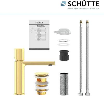 Schütte 33617 NEW YORK Waschtischarmatur Gold mit Ablaufgarnitur, Mischbatterie mit Pop-Up Ventil, B