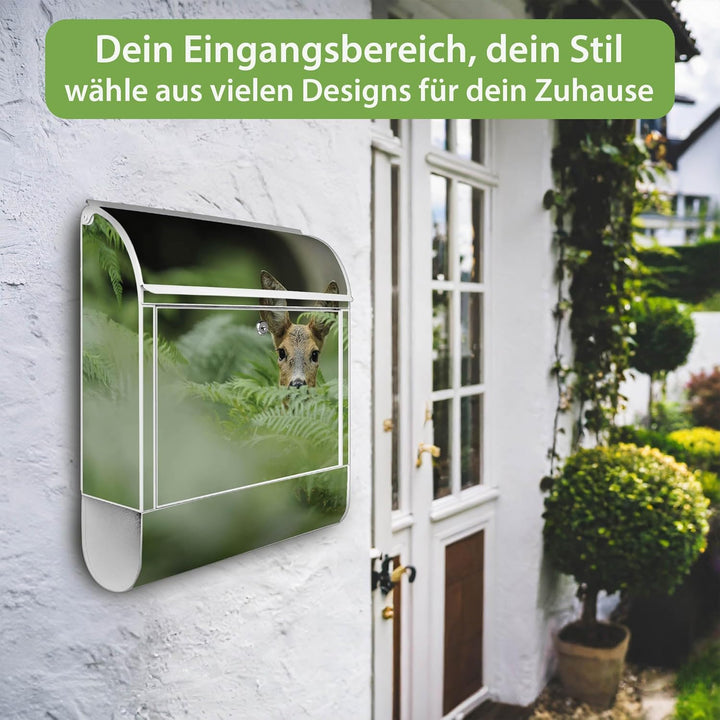 banjado® Design Briefkasten mit Motiv REH 39x47x14cm &amp; 2 Schlüssel - Briefkasten Stahl weiss mit Zei