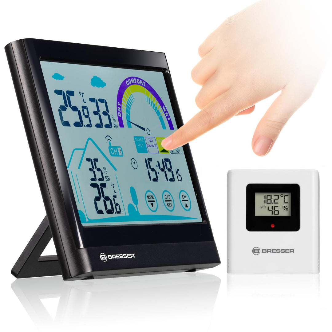 Bresser 7007402 Touchscreen Wetterstation Funk- Thermo-/Hygrometer mit Lüftungsempfehlung, Schwarz S