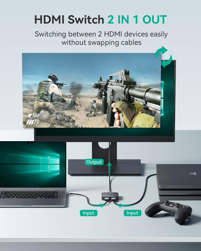 HDMI Splitter 8K@60Hz 4K@120Hz, GANA HDMI 2.1 Switch, Aluminium Bidirektional HDMI Switcher 2 In 1 O