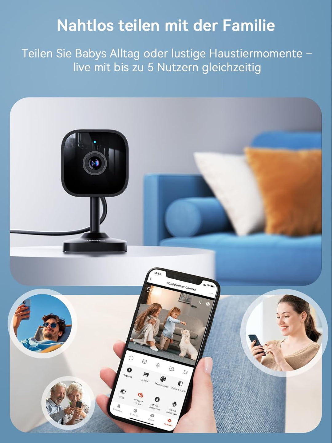 Outinput 2K Plug-in Überwachungskamera Innen, WLAN Indoor Kamera mit Nachtsicht, Hundekamera mit App