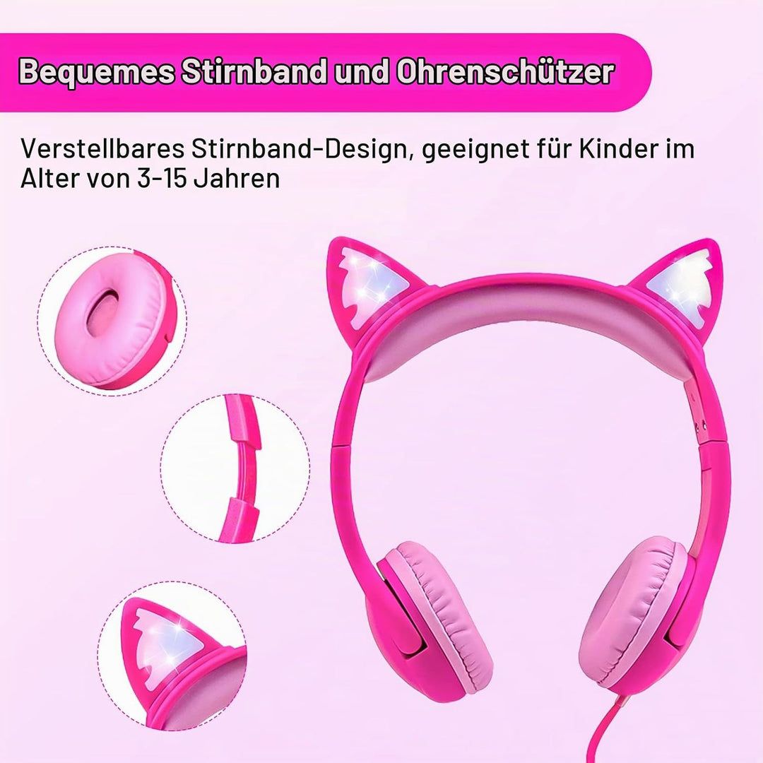 Olyre Toddlers Headphones with Microphone-85dB Safe Volume Limited and LED Light Up cat Ears Wired H