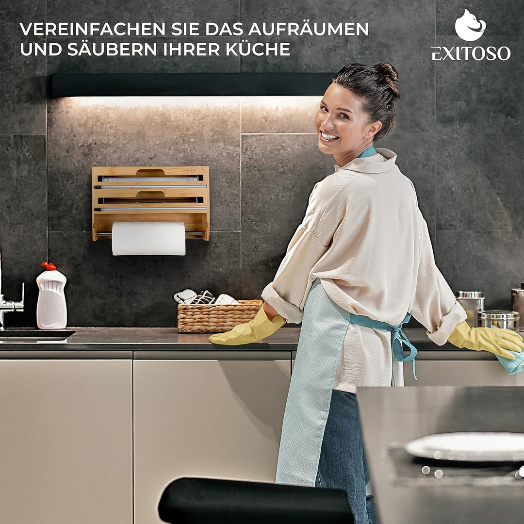 Exitoso 3-in-1 Folienschneider aus Bambus | Küchenrollenhalter Frischhaltefolienspender & Alufoliens
