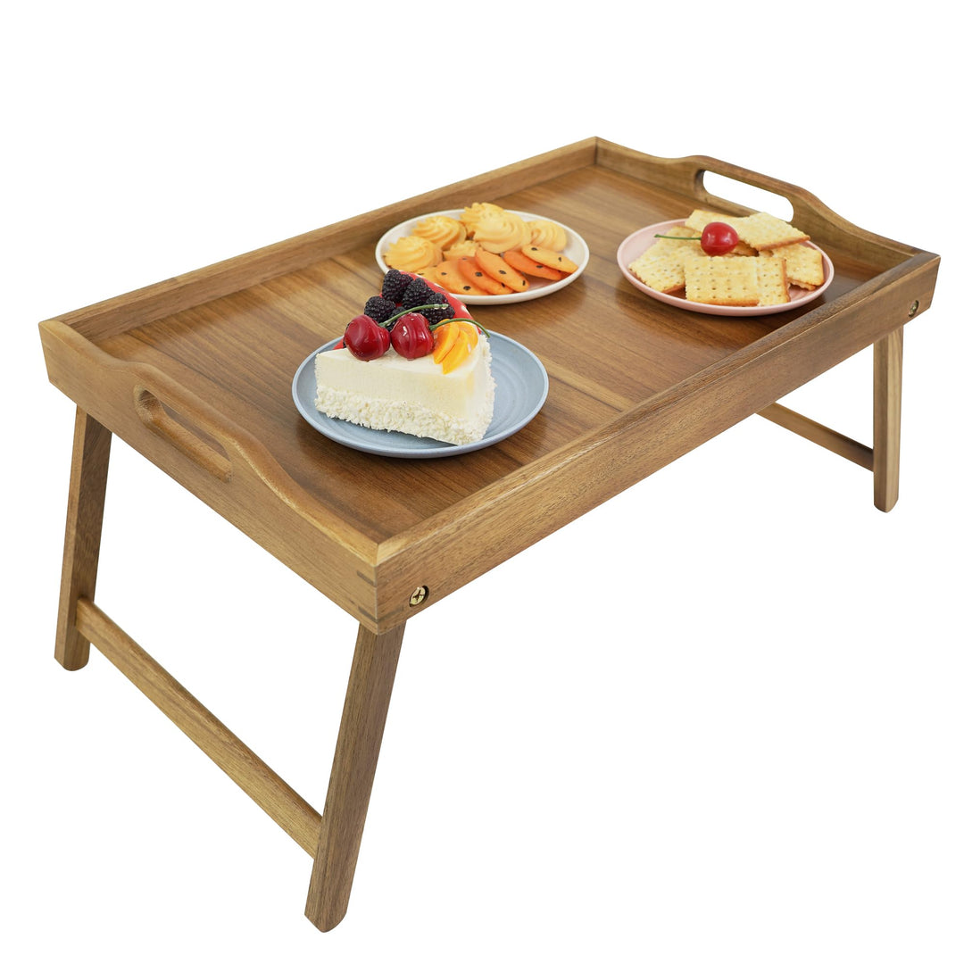 Utoplike Akazienholz Bett Tablett Tisch, grosses Frühstückstablett mit klappbaren Beinen, Serviertab