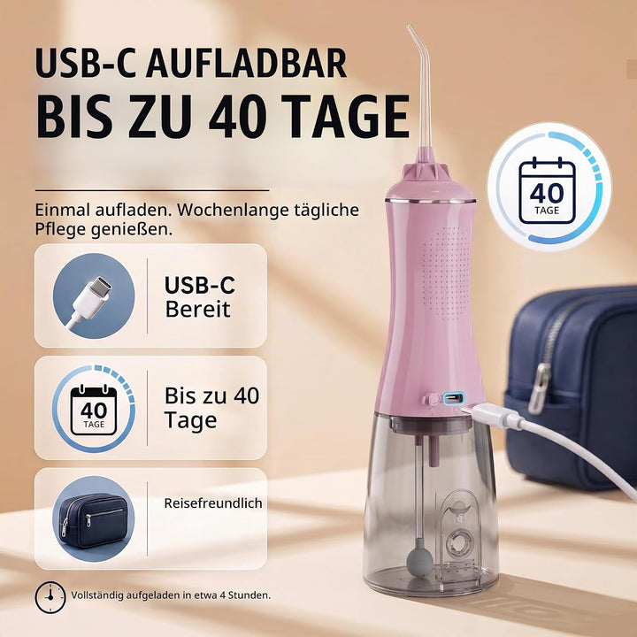 Wasser-Zahnseide, Munddusche mit 5 Modi, 350 ml, kabelloser Wasser-Zahnreiniger, 6 Spitzen, IPX7 was