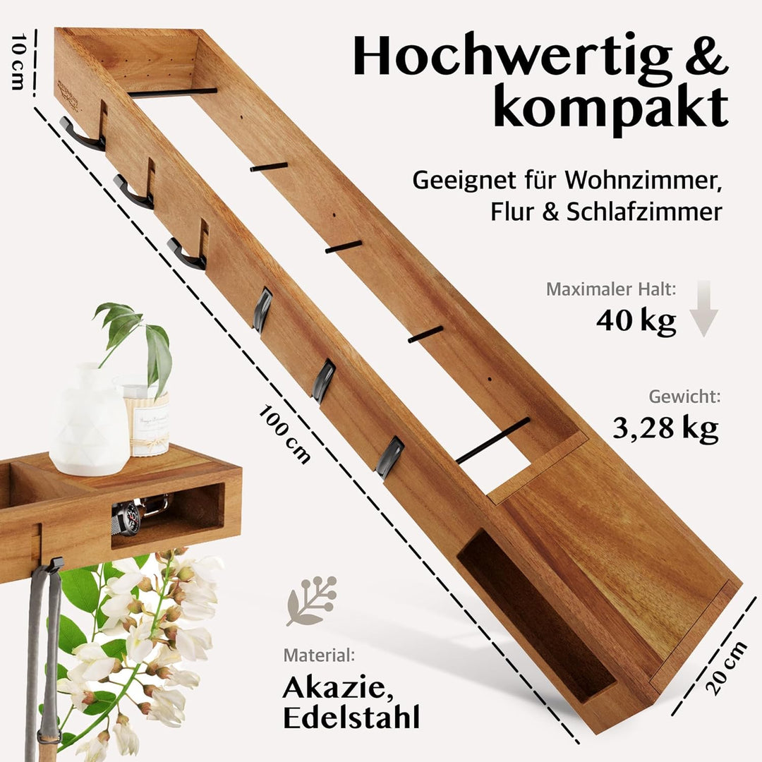 Wandgarderobe Holz – 4in1 Garderobe mit Ablage, Kleiderstangen, Kleiderhaken & Brillenhalter – 100cm