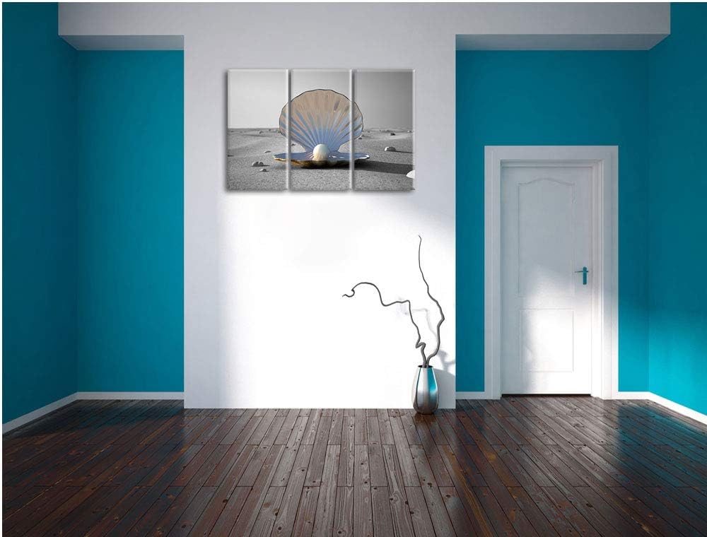 Perlenmuschel am Strand schwarz/weiss 3-Teiler Leinwandbild 120x80 Bild auf Leinwand, XXL riesige Bi