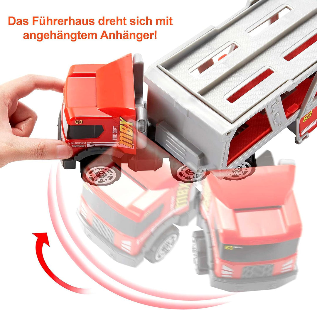 Matchbox HHJ12 - Feuerwehr-Rettungswagen Spielset, 1 Feuerwehr- Fahrzeug, Platz für 16 Autos, leicht