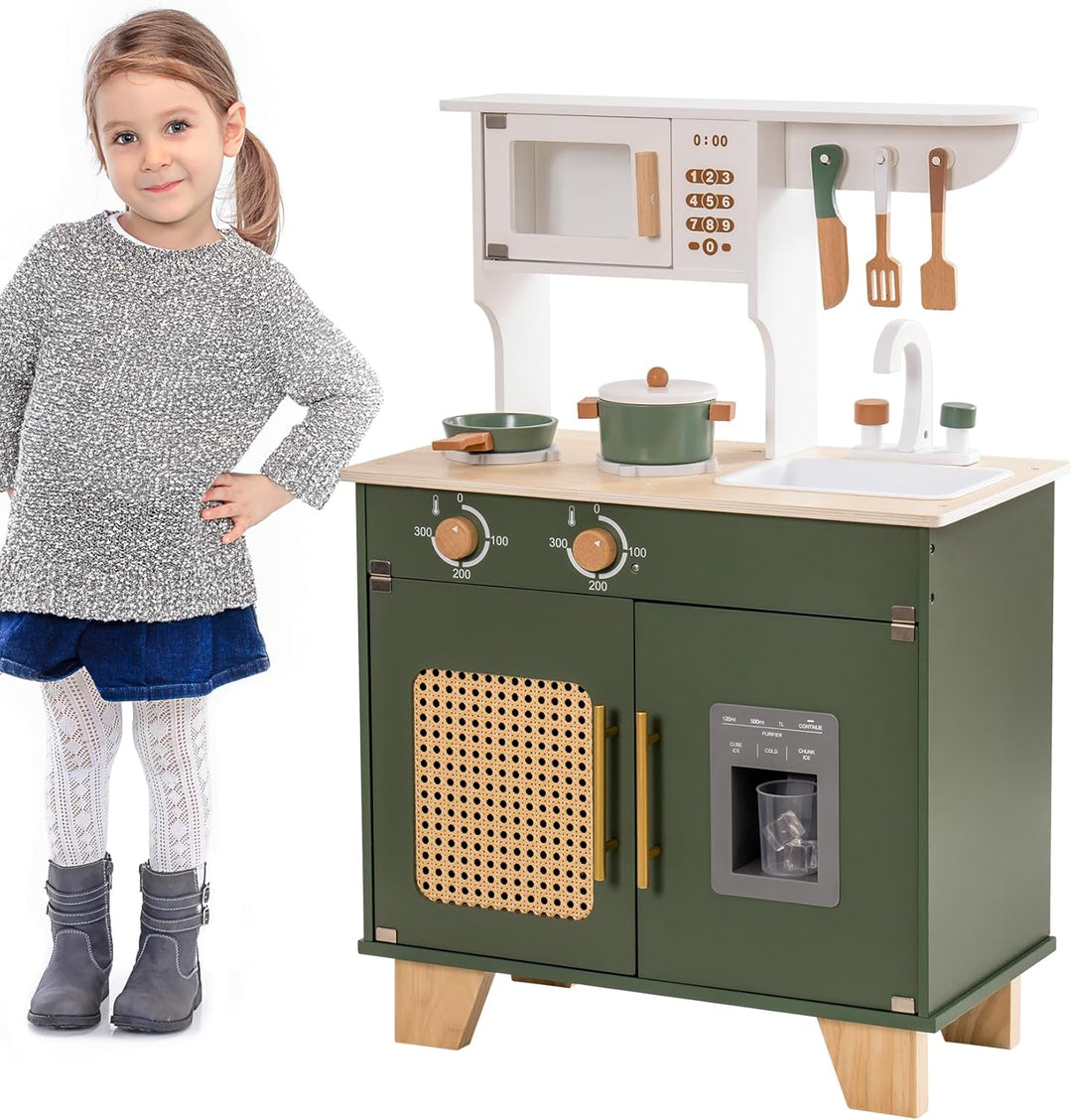 ROBOTIME Retro-Spielzeugküche aus Holz für Kinder, inklusive Mikrowelle, Eiswürfelspender, Rattannet
