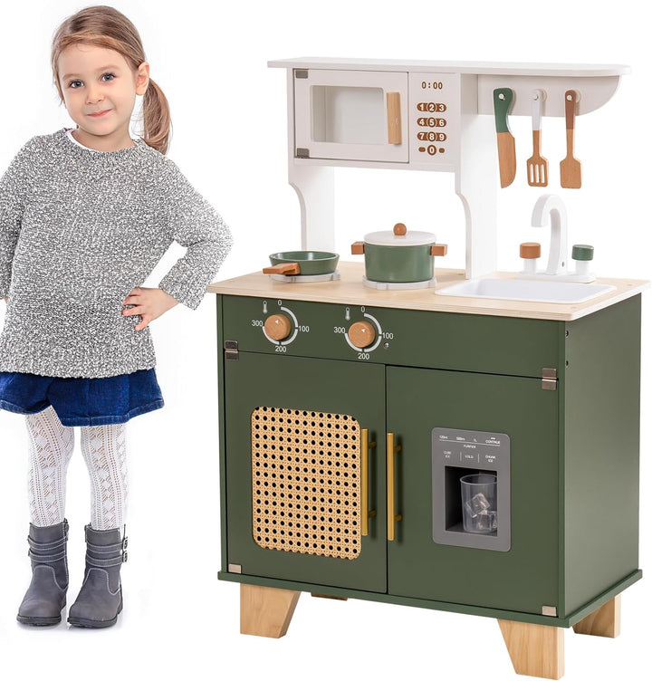 ROBOTIME Retro-Spielzeugküche aus Holz für Kinder, inklusive Mikrowelle, Eiswürfelspender, Rattannet