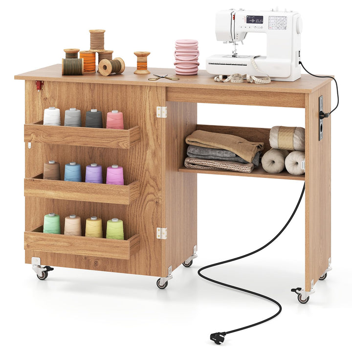 FANTASK 2 in 1 Zusammenklappbarer Nähtisch, Nähmaschinenschrank mit Ladestation, Regalen und abschli