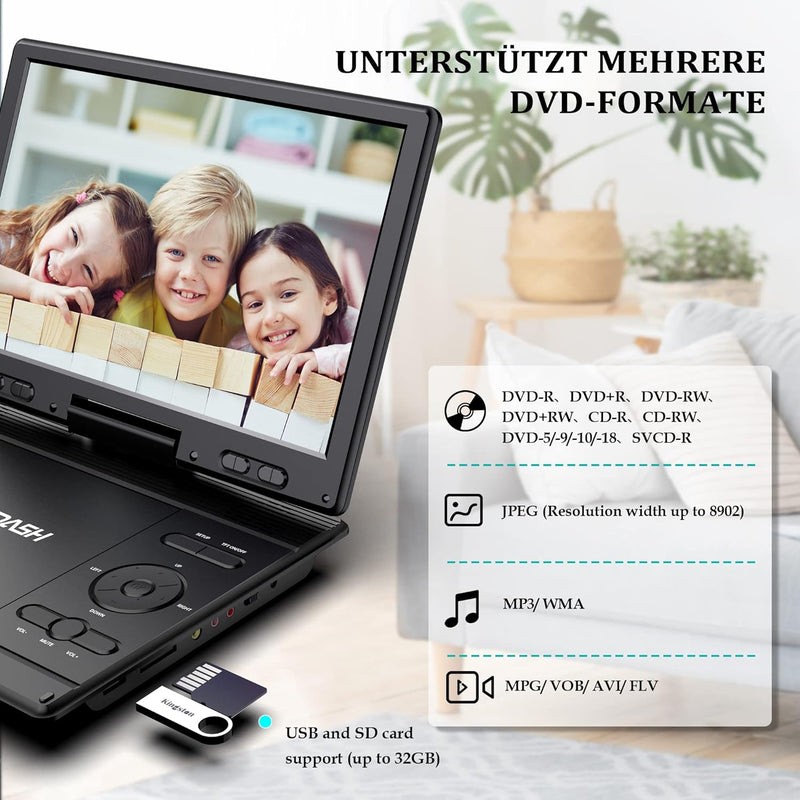 14.1Tragbarer DVD-Player für das Auto,Kinder mit 12,5 grossem HD-Drehbildschirm, exklusives Tastende