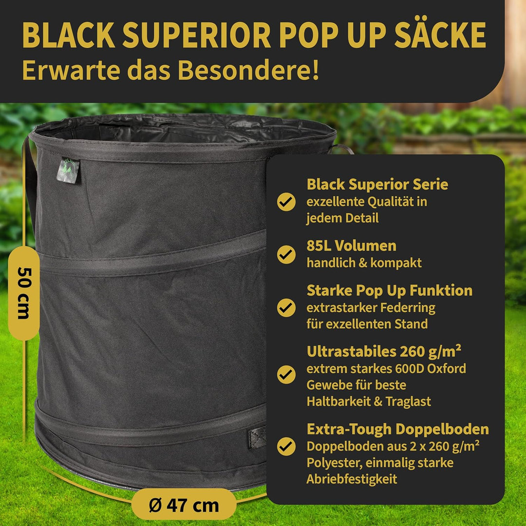TTL Garden BLACK SUPERIOR 3x 85L Pop Up Gartensack - DOPPELTER BODEN 260gsm extra stabil 600D Oxford
