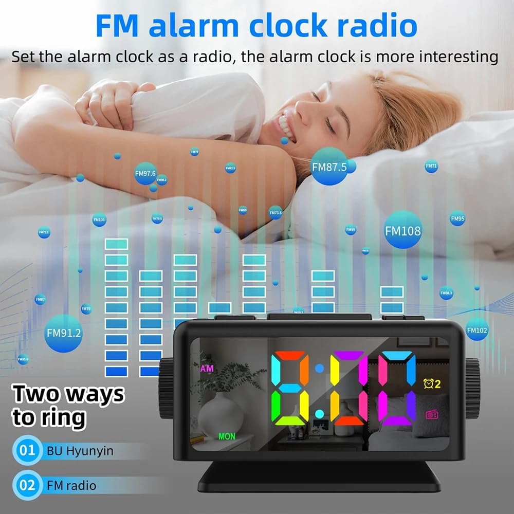 DollaTek RGB Digitalwecker UKW Radiowecker mit 2 USB Anschlüssen Sleep Sound Maschinen mit Timer Sch