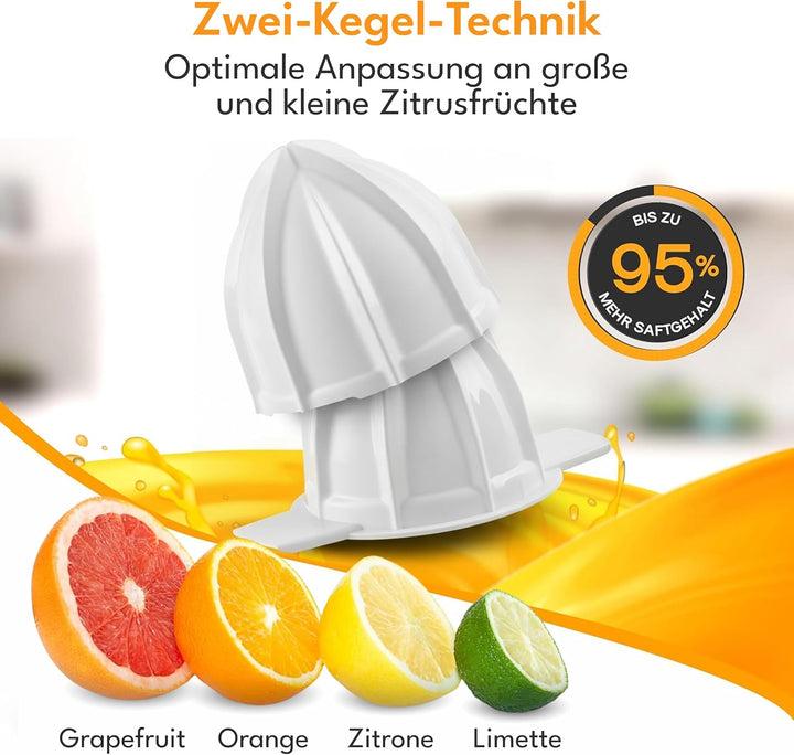 LEBENLANG Zitruspresse elektrisch - 2 Kegel &amp; BPA-Frei I Hohe Saftausbeute I 700ml Orangenpresse ele