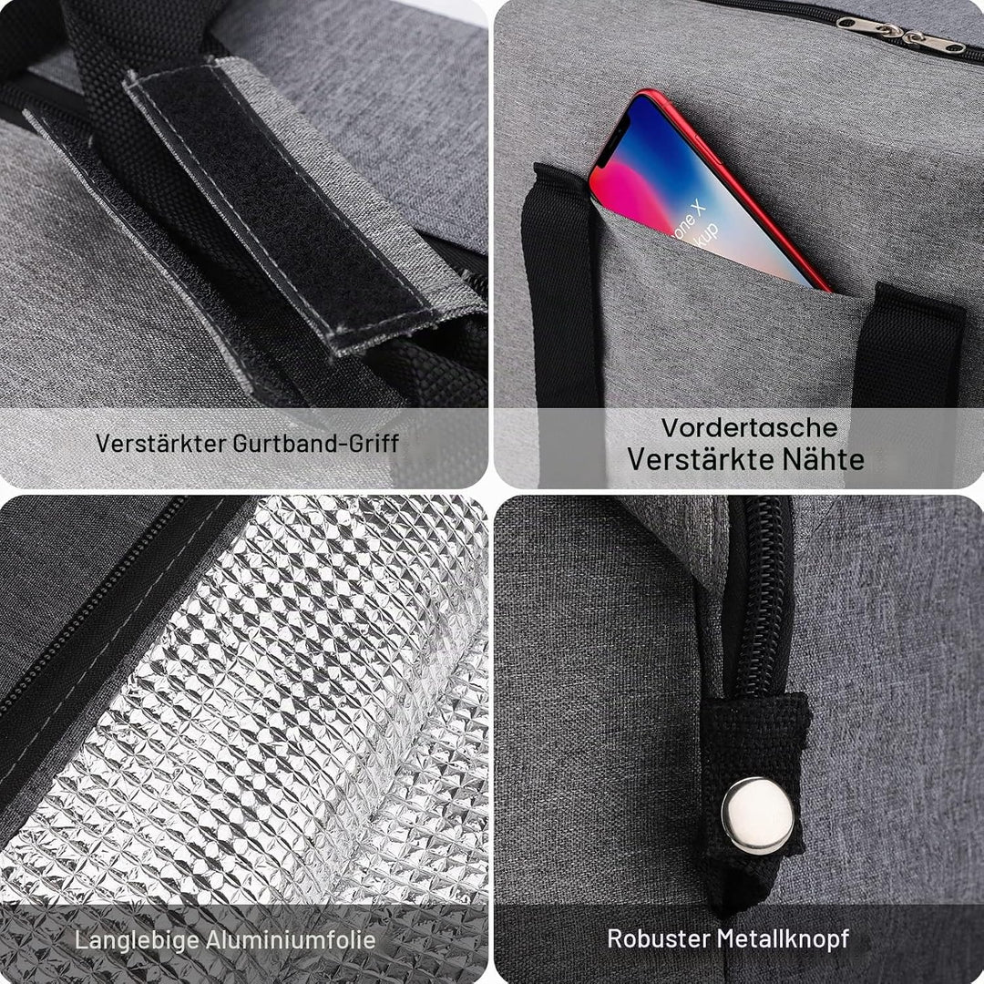 Grosse Kühltasche faltbar 20 L–Faltbare Einkaufstasche mit 2 Kühlboxen, Graue Picknicktasche mit Iso