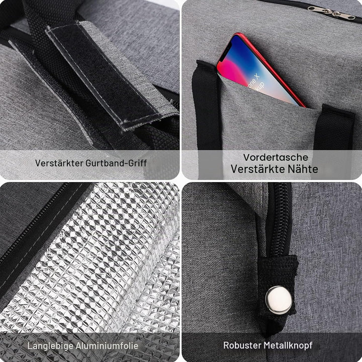 Grosse Kühltasche faltbar 20 L–Faltbare Einkaufstasche mit 2 Kühlboxen, Graue Picknicktasche mit Iso
