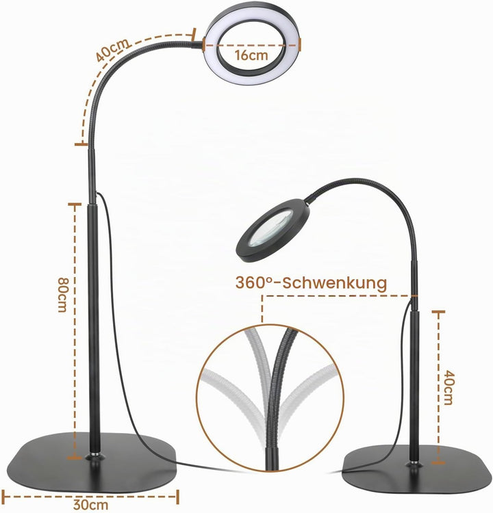 Lupe mit Licht und Ständer 5X 10x, Dimmbare Lupe mit Licht mit 36 LED, Verstellbare Lupenleuchte mit