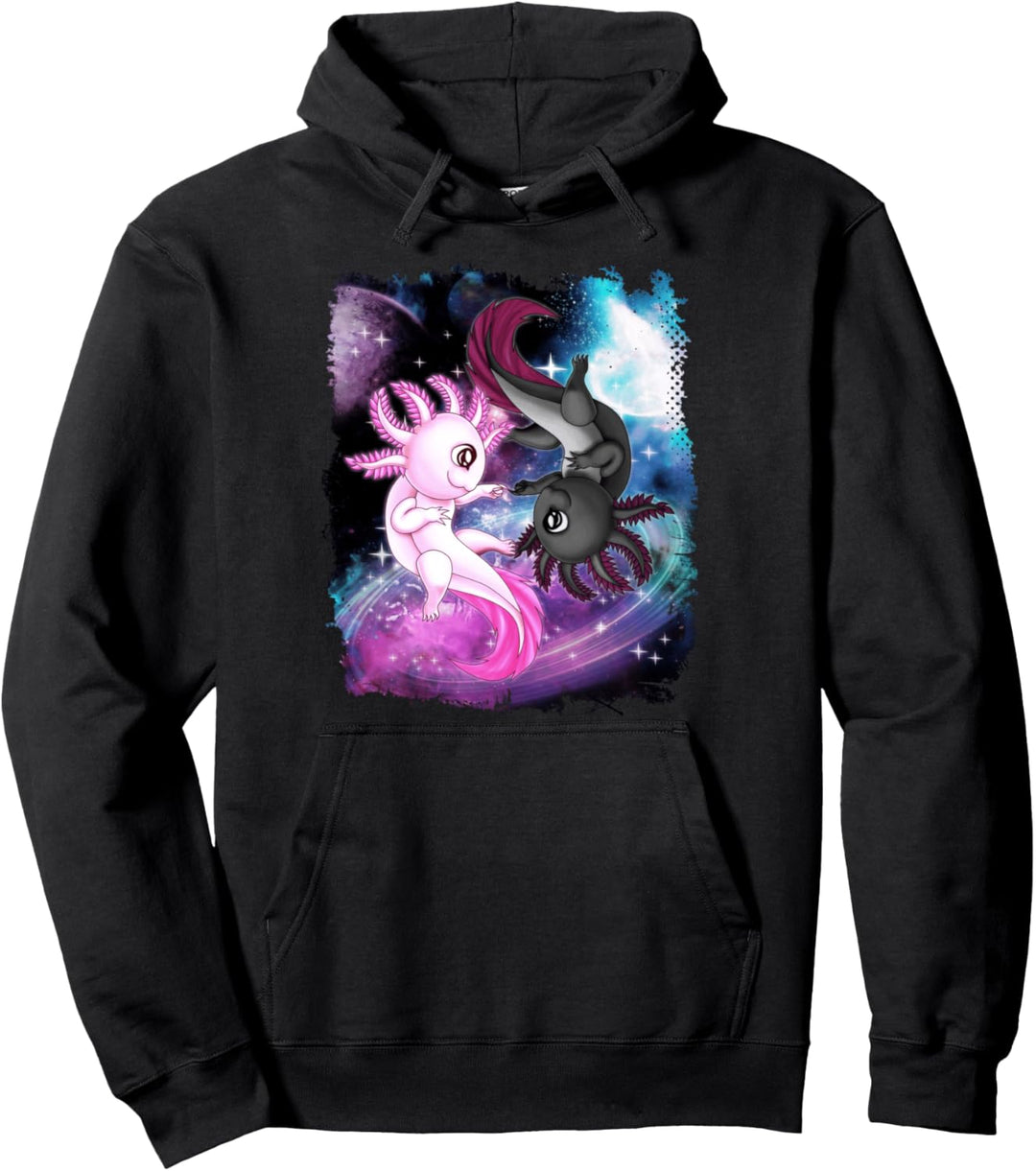 Niedliches Axolotl Yin Yang Plüschtier schwimmend Weltraum Mädchen Jungen Pullover Hoodie