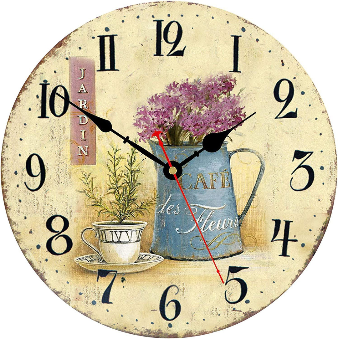Toudorp 30cm Wanduhr Französisch Retro Blumen Muster Hölzerne Wanduhr Leise Nicht Ticken Batteriebet