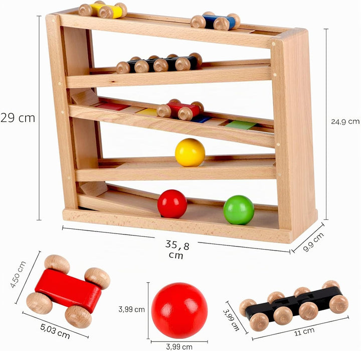 Jacootoys Holzautorampe Kugelbahn Spiel Rennstrecke 5 Schichten Racer Spielzeug Set 4 Autos 3 Bälle