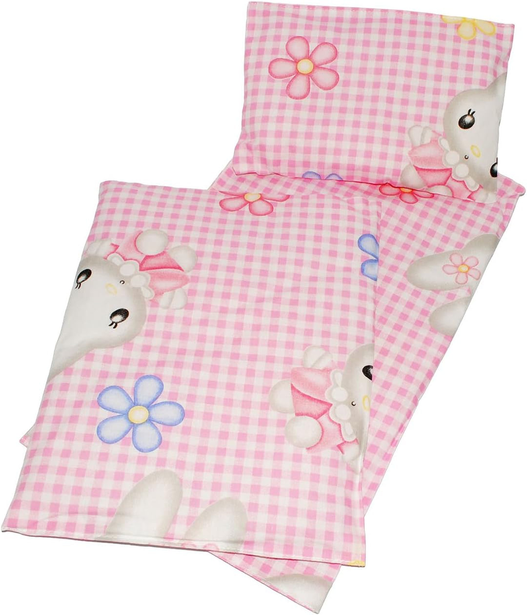 4 TLG. Set: Puppendecke & Kissen - mit Unterlage & Schmusepuppe - Mädchen mit rosa Kleid - aus 100%