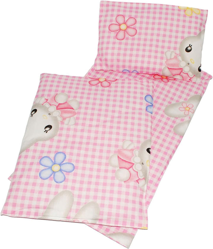 4 TLG. Set: Puppendecke & Kissen - mit Unterlage & Schmusepuppe - Mädchen mit rosa Kleid - aus 100%