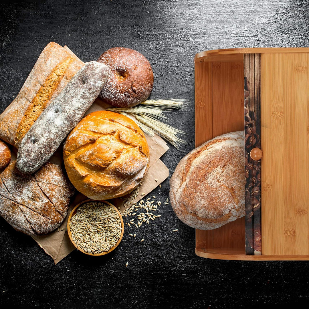 Relaxdays Brotkasten Bambus, Rolldeckel mit Motiv, aromadichte Brotaufbewahrung, mit Ablagefläche, H