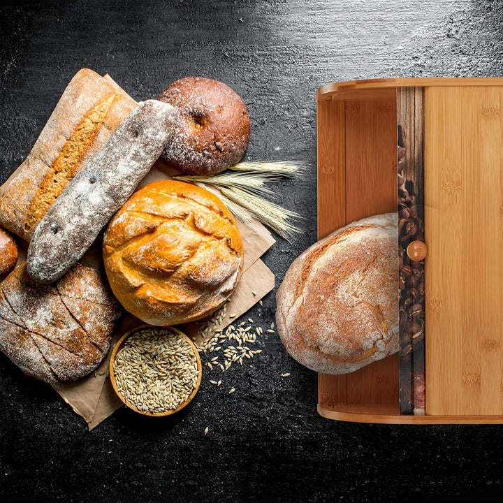 Relaxdays Brotkasten Bambus, Rolldeckel mit Motiv, aromadichte Brotaufbewahrung, mit Ablagefläche, H