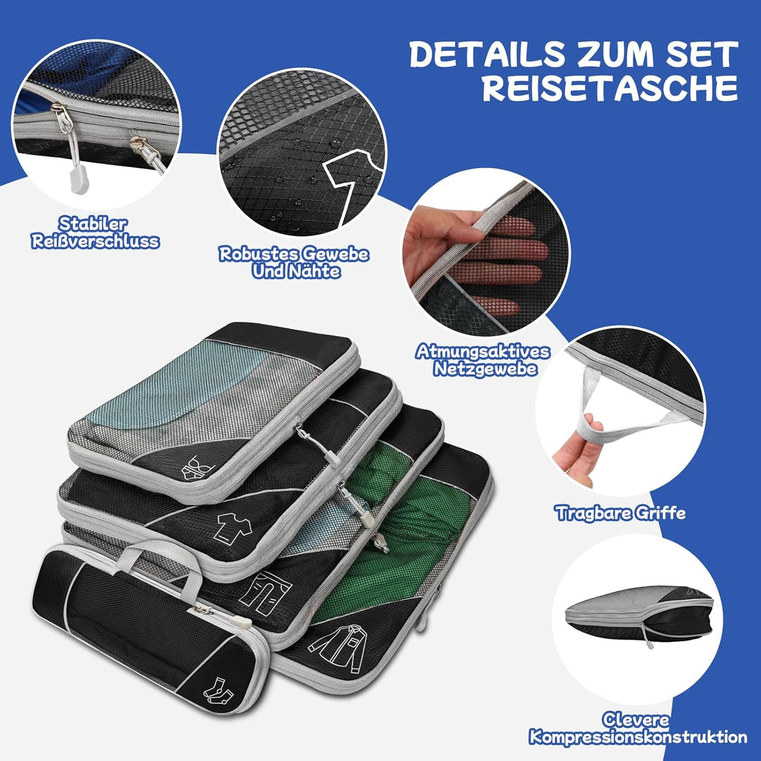 5-teilig Kompressions Packwürfel Set für Reisen, Compression Packing Cube zur Organisation Ihres Rei