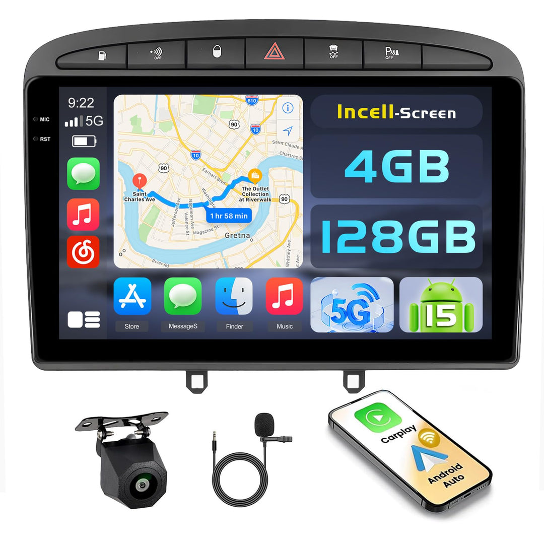 Hikity Android 15 4+128G Autoradio für Peugeot 308/408 2007-2015 mit 9 Zoll Incell Touchscreen, Auto